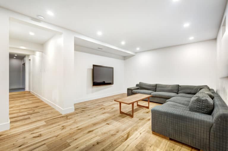 Modern Nebraska finished basement with hardwood floors and TV